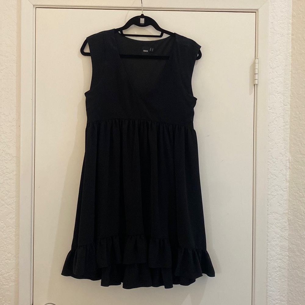 Black ASOS mini skater dress with ruffles. Size 6.